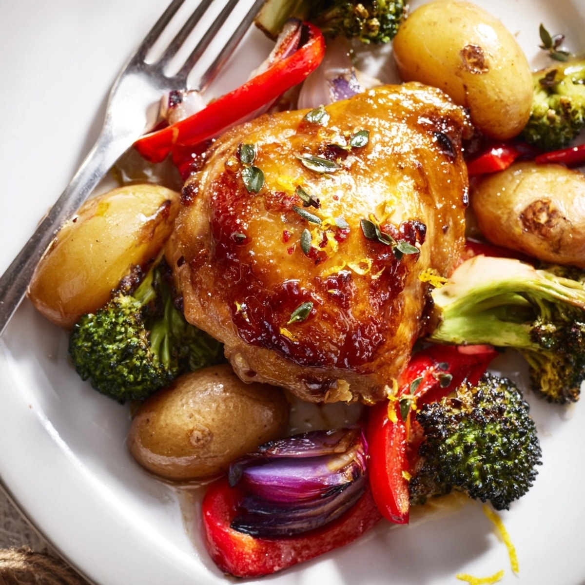 Honey Lemon Roasted Chicken Sheet Pan with golden potatoes and colorful vegetables, fresh from the oven.