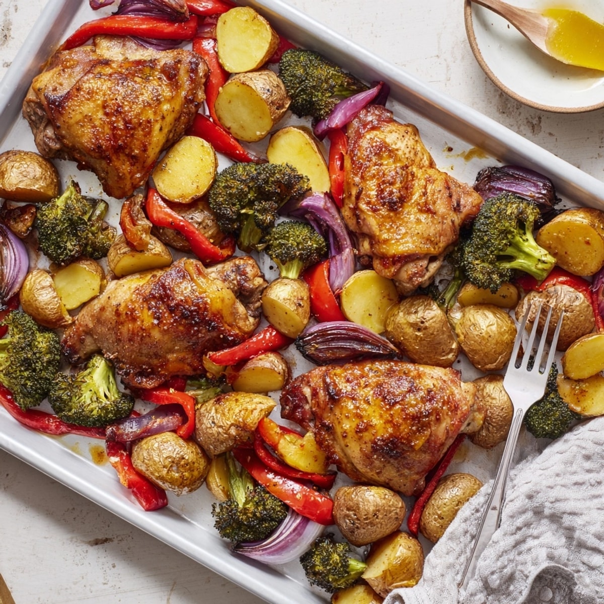 Family-style honey lemon roasted chicken sheet pan meal, garnished with fresh herbs and vibrant roasted produce.