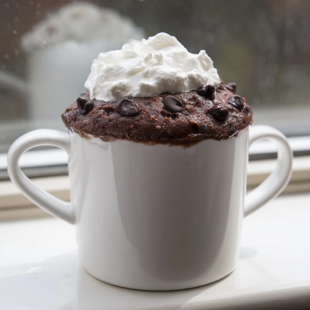 Steaming hot chocolate mug cake topped with whipped cream, ready for a sweet dessert.