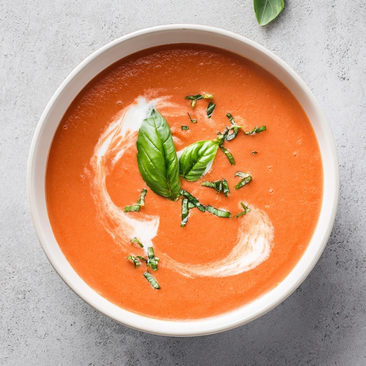A steaming bowl of creamy Comfort Soup: the rich tomato and basil soup is garnished with fresh basil.