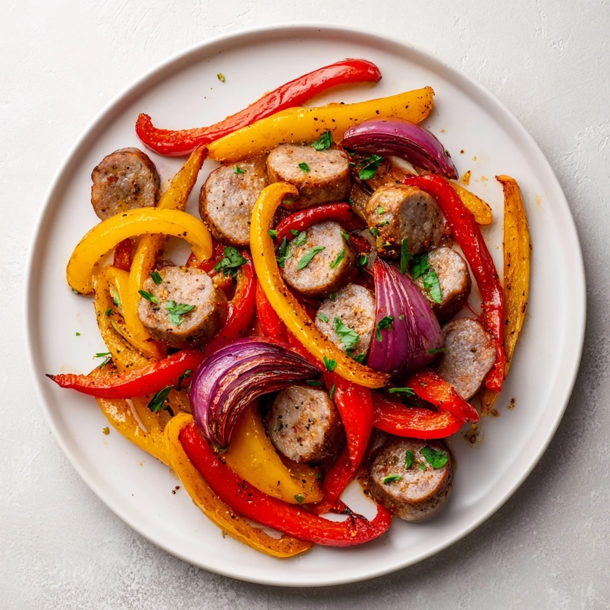 Golden-brown Italian sausage, peppers, and onions roasted on a sheet pan, ready to serve.