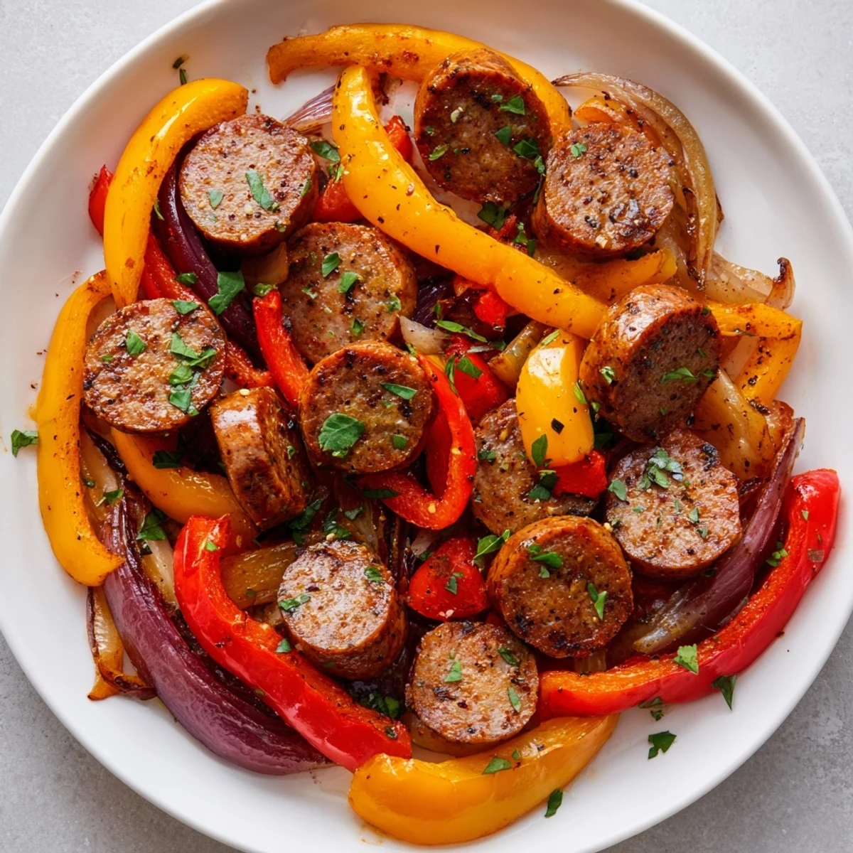 Sheet pan roasted Italian sausage, peppers, and onions offer a hearty, flavorful Italian-American dinner.