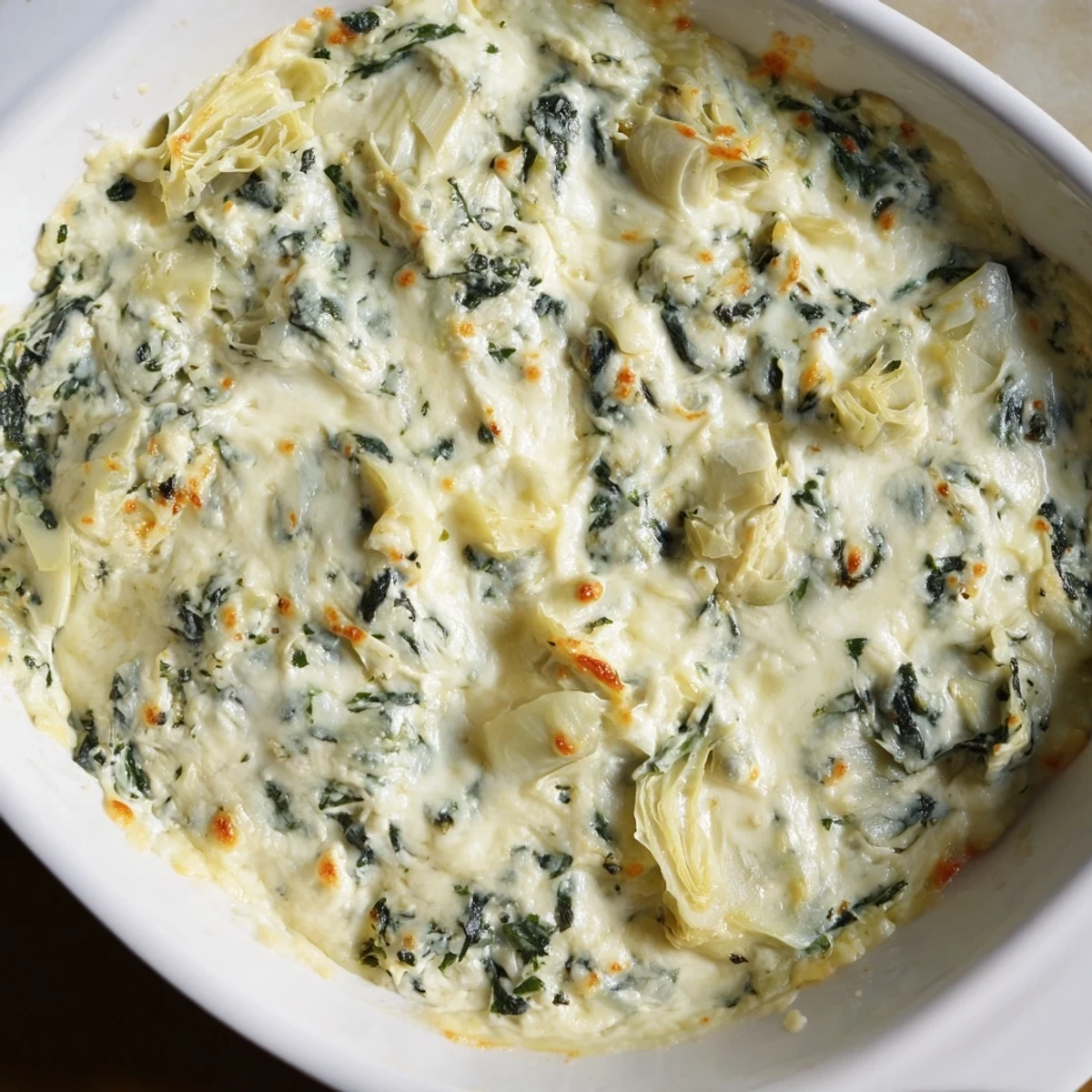 Close-up of a creamy Warm Spinach and Artichoke Dip, perfect for a party appetizer with crackers.