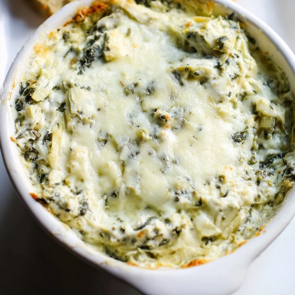 Golden-brown, bubbly Warm Spinach and Artichoke Dip; a delicious, comforting vegetarian dish.