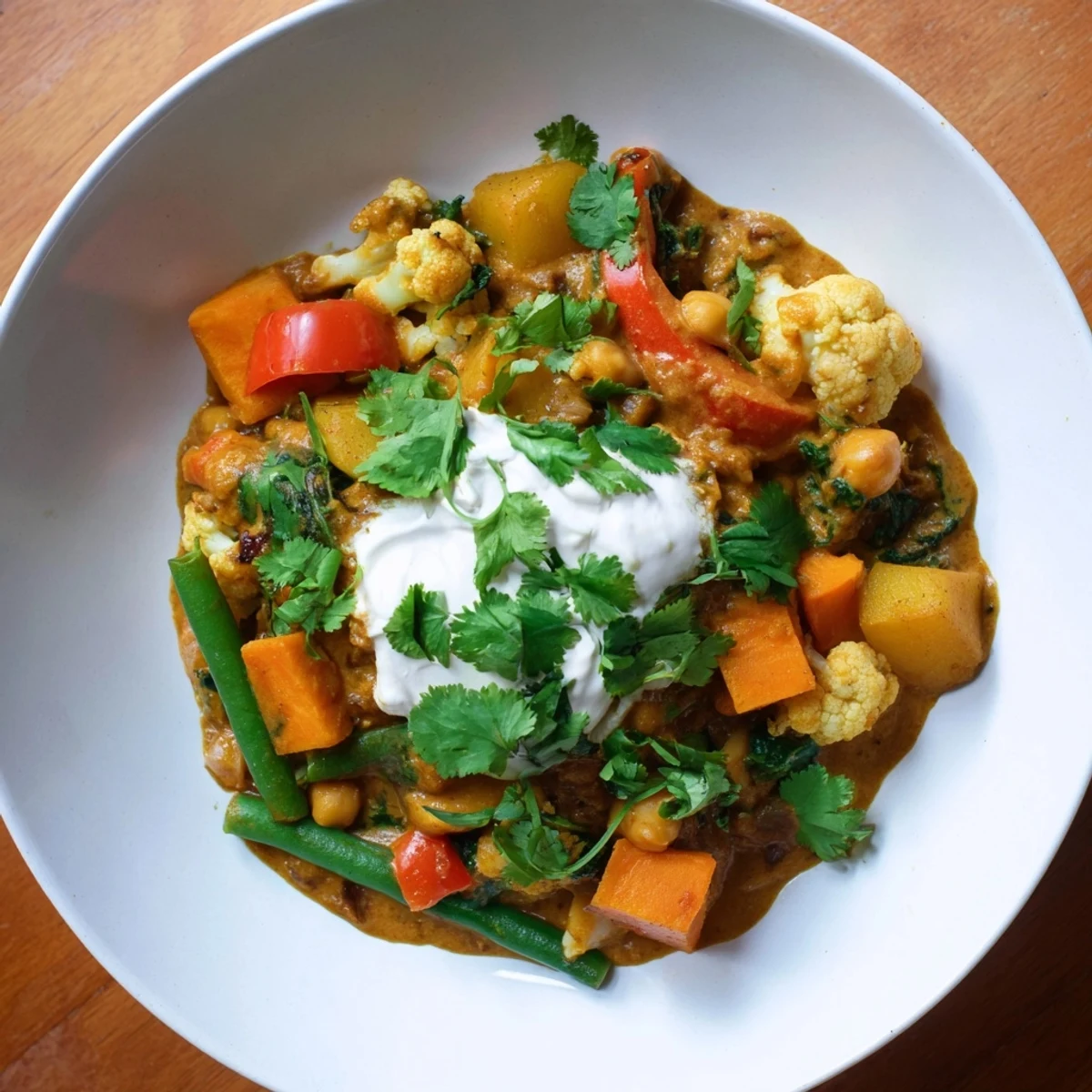 Waste-Free Vegetarian Curry: A colorful bowl of curry with rice, cilantro, and yogurt adds a delicious aroma.