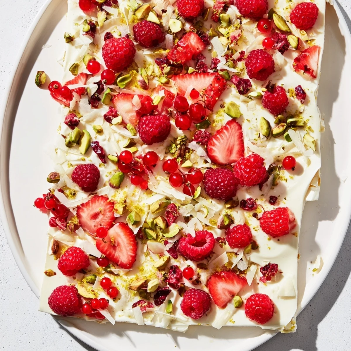 Sweet frozen yogurt bark, layered with ruby-red berries and crunchy nuts, ready to enjoy.