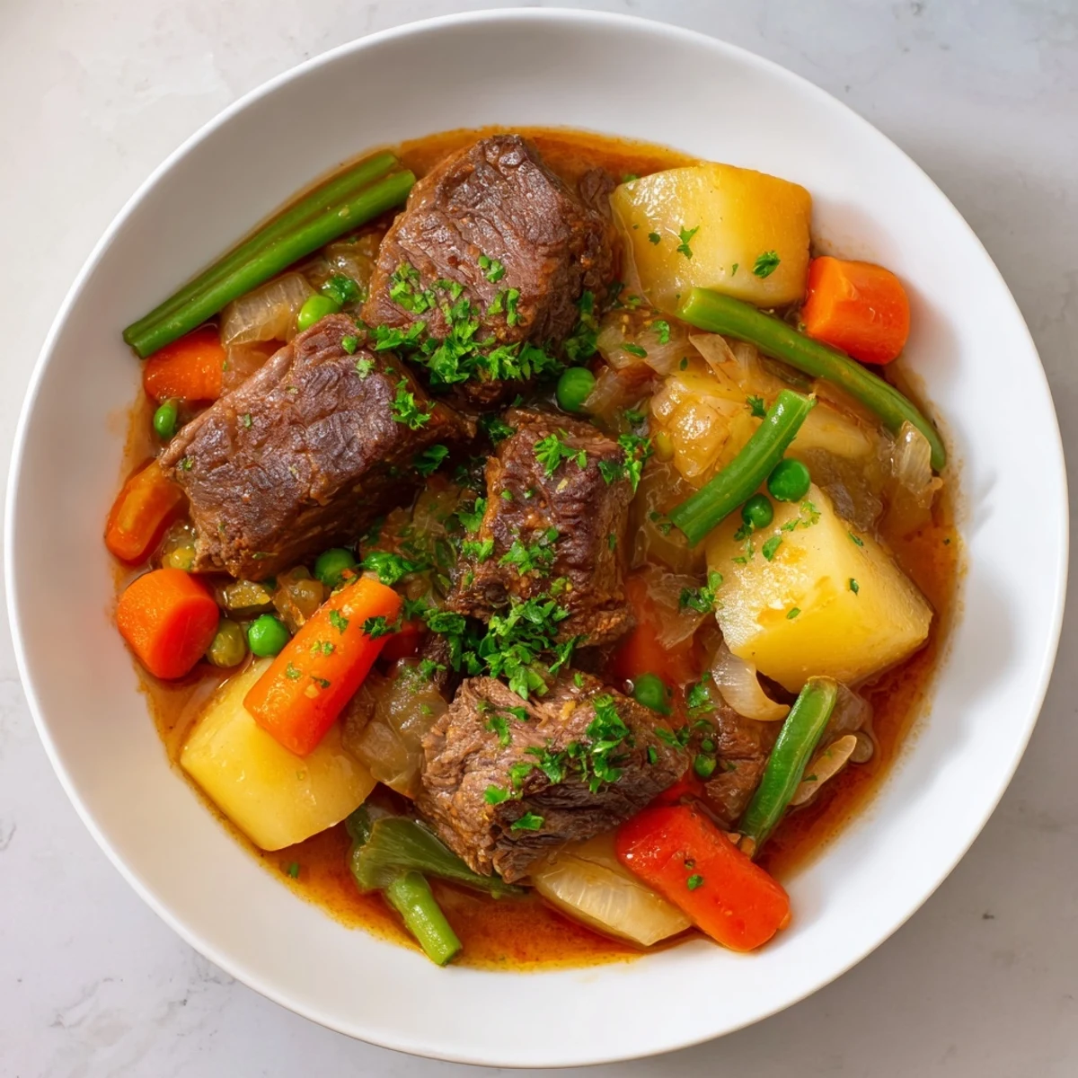 Steaming hot beef and vegetable stew in a pressure cooker with a rich, savory broth, ready to eat.