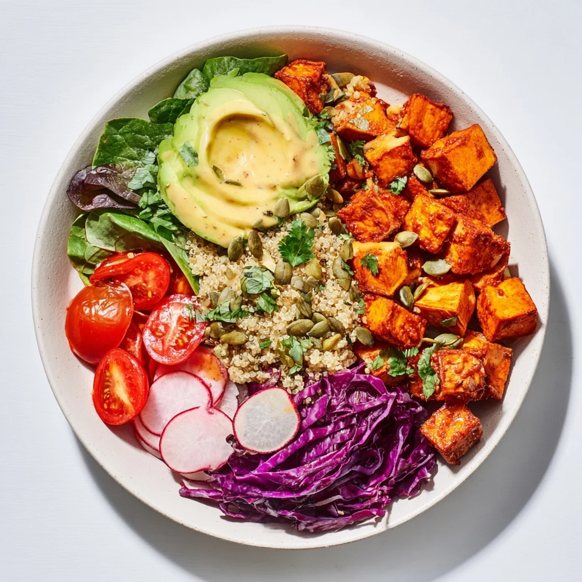 Vibrant photo showing a colorful Complete Veggie Bowl: quinoa, sweet potatoes, and fresh toppings drizzled with tahini.