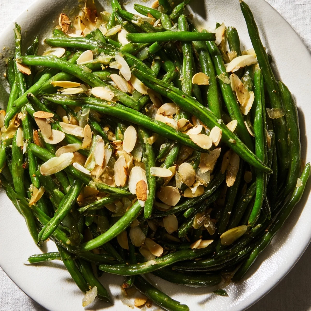 Sautéed Green Beans with Garlic and Almonds, a flavorful side dish with bright green beans.