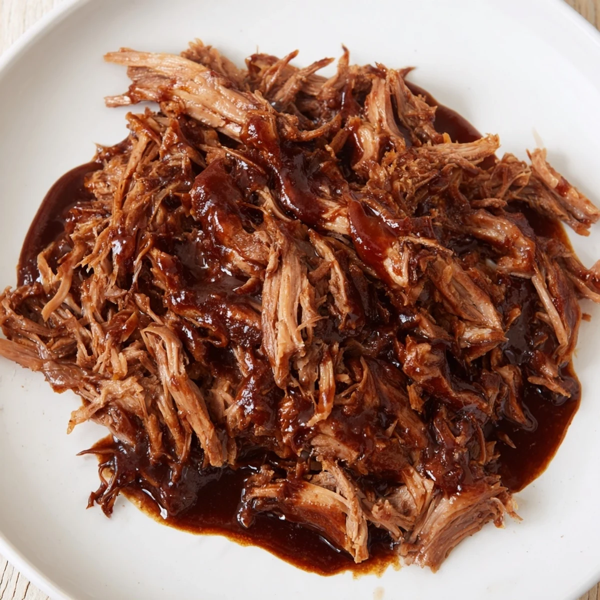 Close-up of tender 5-Ingredient BBQ Pulled Pork, glistening with barbecue sauce and ready to serve.