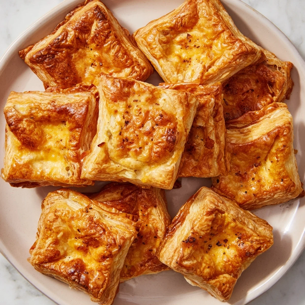 Golden, flaky Cheese and Spice Puff Pastry Bites, perfectly puffed and ready for snacking, with melted cheese.