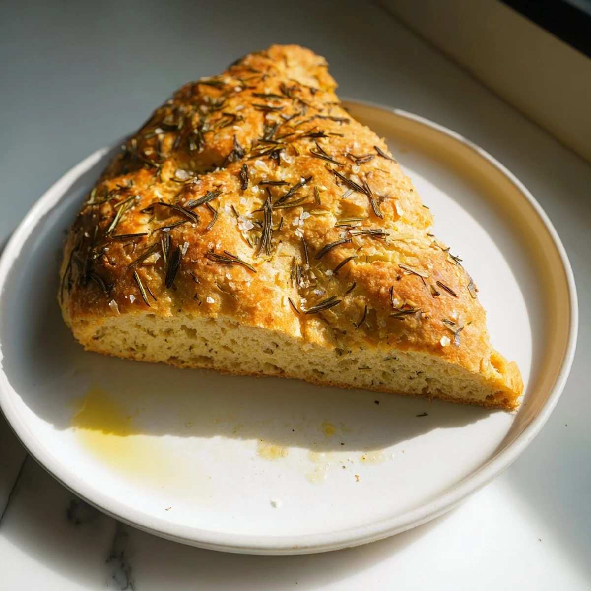 Golden Yeast-Free Garlic and Rosemary Bannock Bread, ready to slice, boasting fragrant rosemary and garlic aromas.