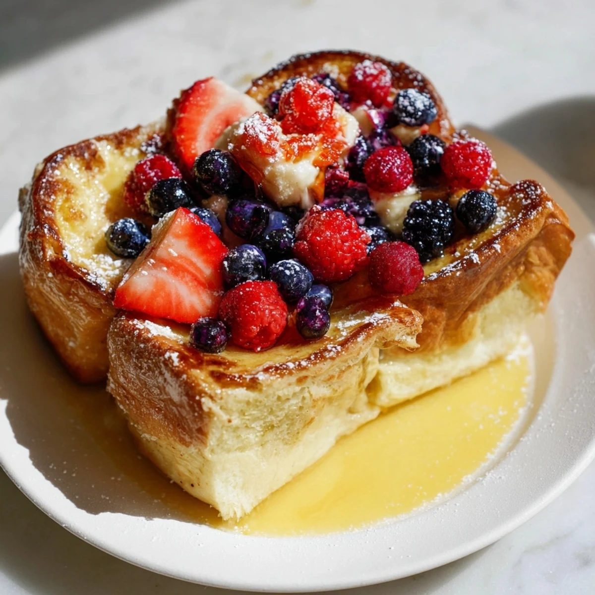 Golden French toast with berries, perfectly pan-fried and drizzled with maple syrup, a delightful brunch.