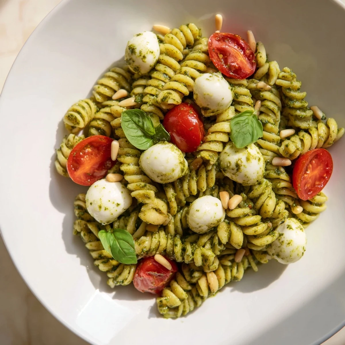 A close-up of delicious cold pasta salad with pesto, fresh mozzarella, and ripe tomatoes.