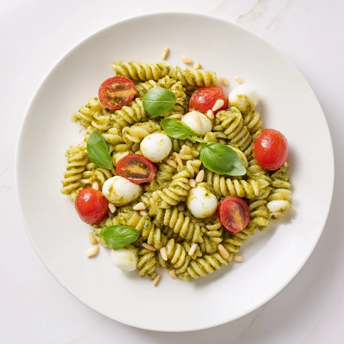 Cold pasta salad with pesto, mozzarella, and tomatoes, a summer picnic favorite!