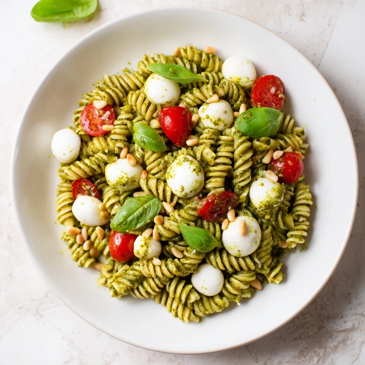 Vibrant cold pasta salad featuring creamy mozzarella, tossed with flavorful pesto and tomatoes.