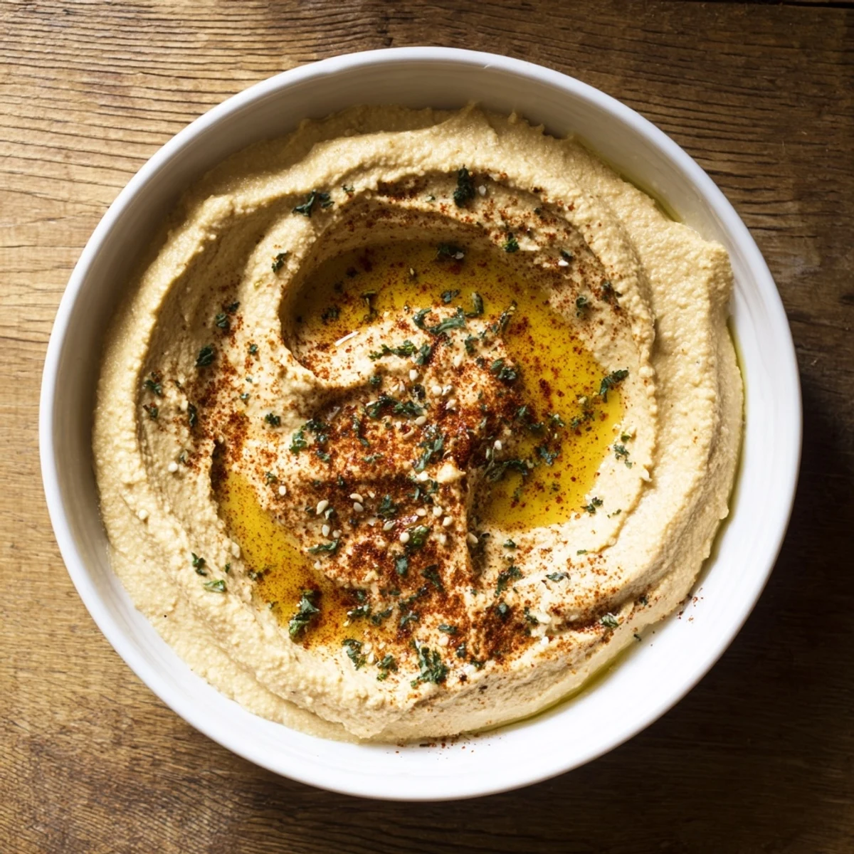 Creamy, flavorful Perfect 5-Minute Homemade Hummus, drizzled with olive oil and sprinkled with paprika, ready to serve.