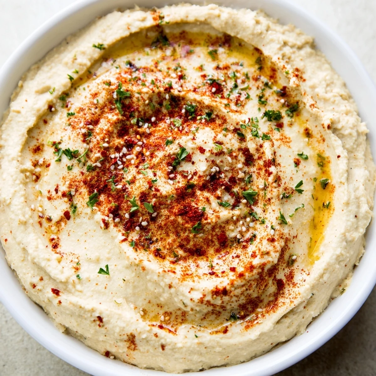 A bowl of fresh Perfect 5-Minute Homemade Hummus, perfect for dipping vegetables or warm pita bread.