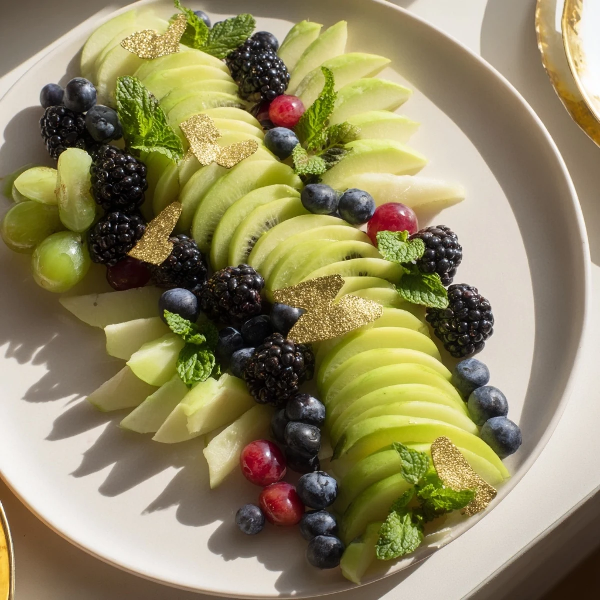 Vibrant The Aurora Borealis Sweep fruit platter with green and purple fruits, a dazzling appetizer.
