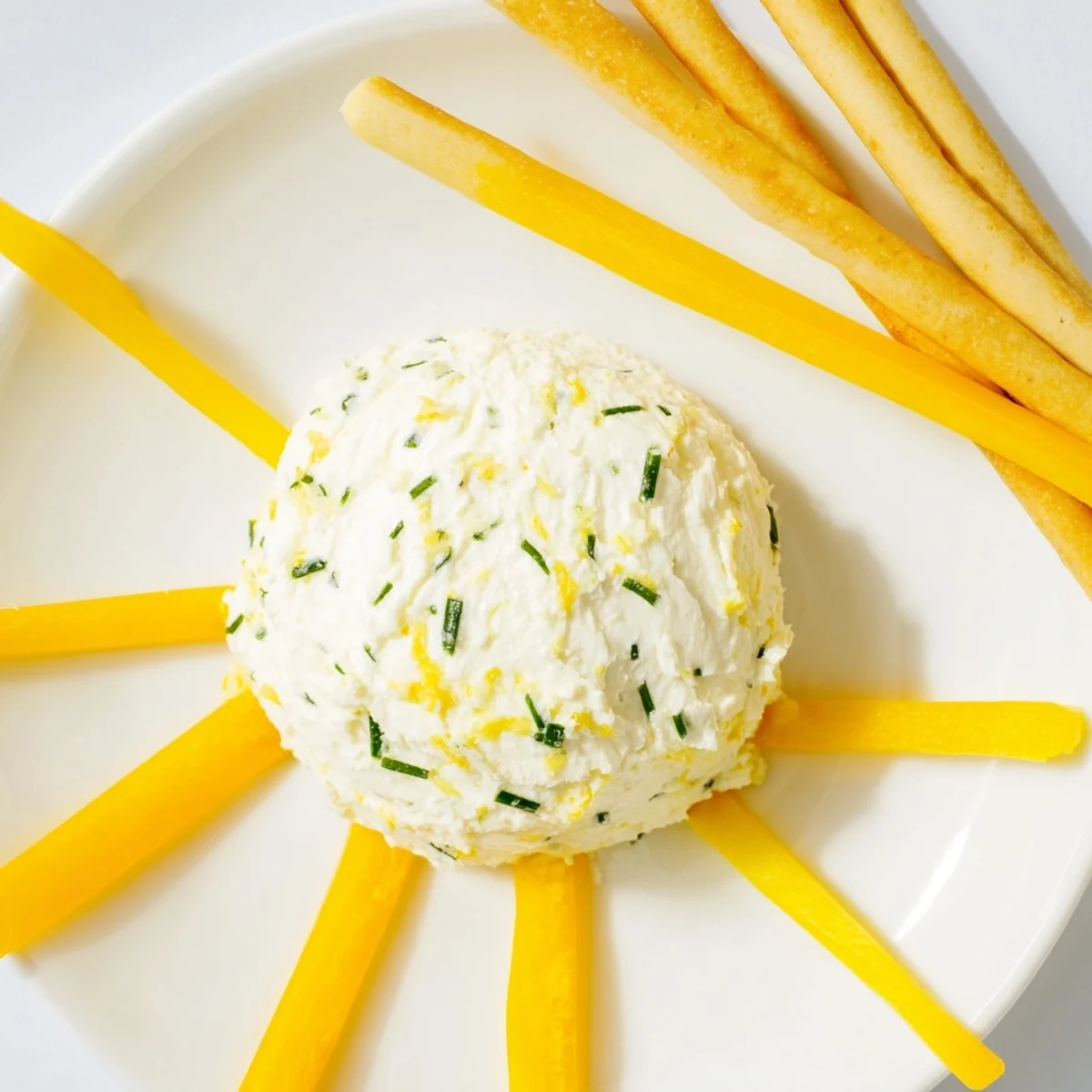 The Tuscan Sunburst features a vibrant platter of yellow peppers, zesty cheese, and crispy breadsticks, ready to serve.