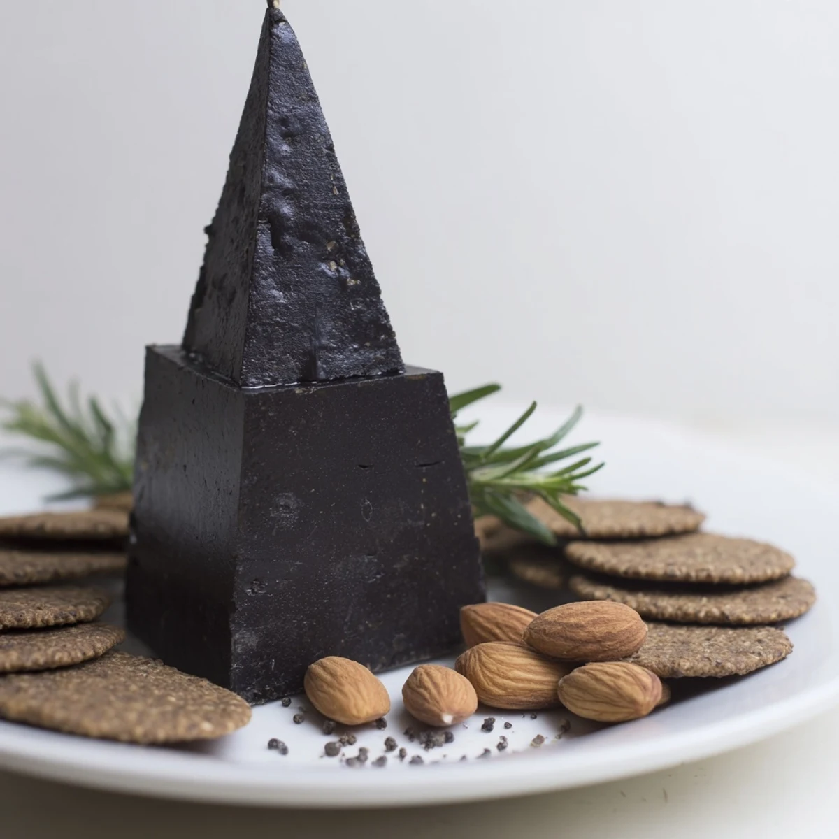 Towering black wax cheddar: The Obsidian Peak cheese platter with dark rye crackers and charcoal almonds.