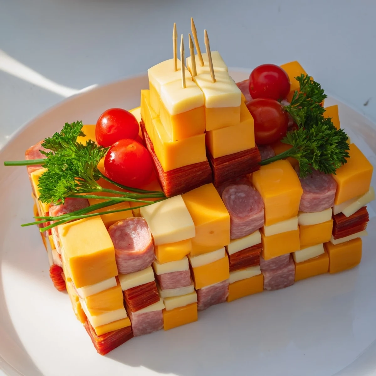 A visually stunning The Checkerboard Chalet appetizer featuring layered meats and cheeses with vibrant garnishes.