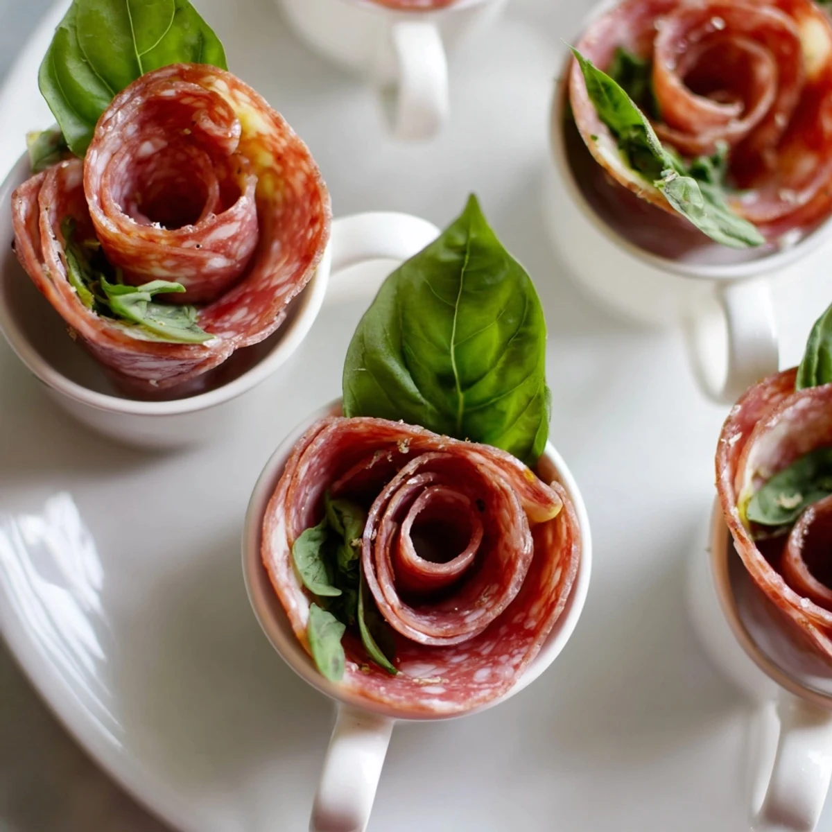 Victorian Tea Rose appetizer: beautifully arranged salami and pepperoni roses in elegant porcelain teacups.