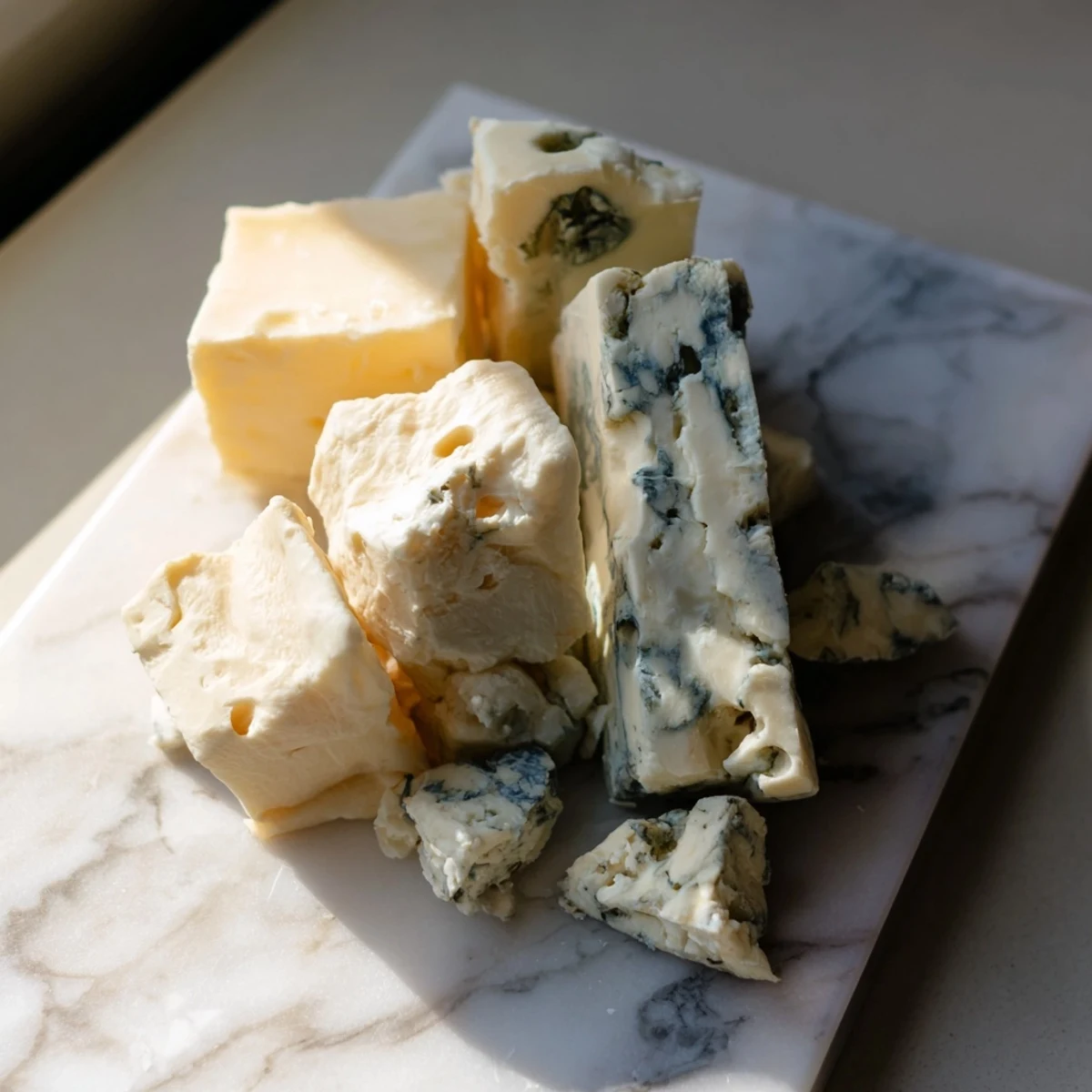 The Marble Quarry appetizer: Rustic blue cheese and cheddar chunks set on cool marble, ready to serve.