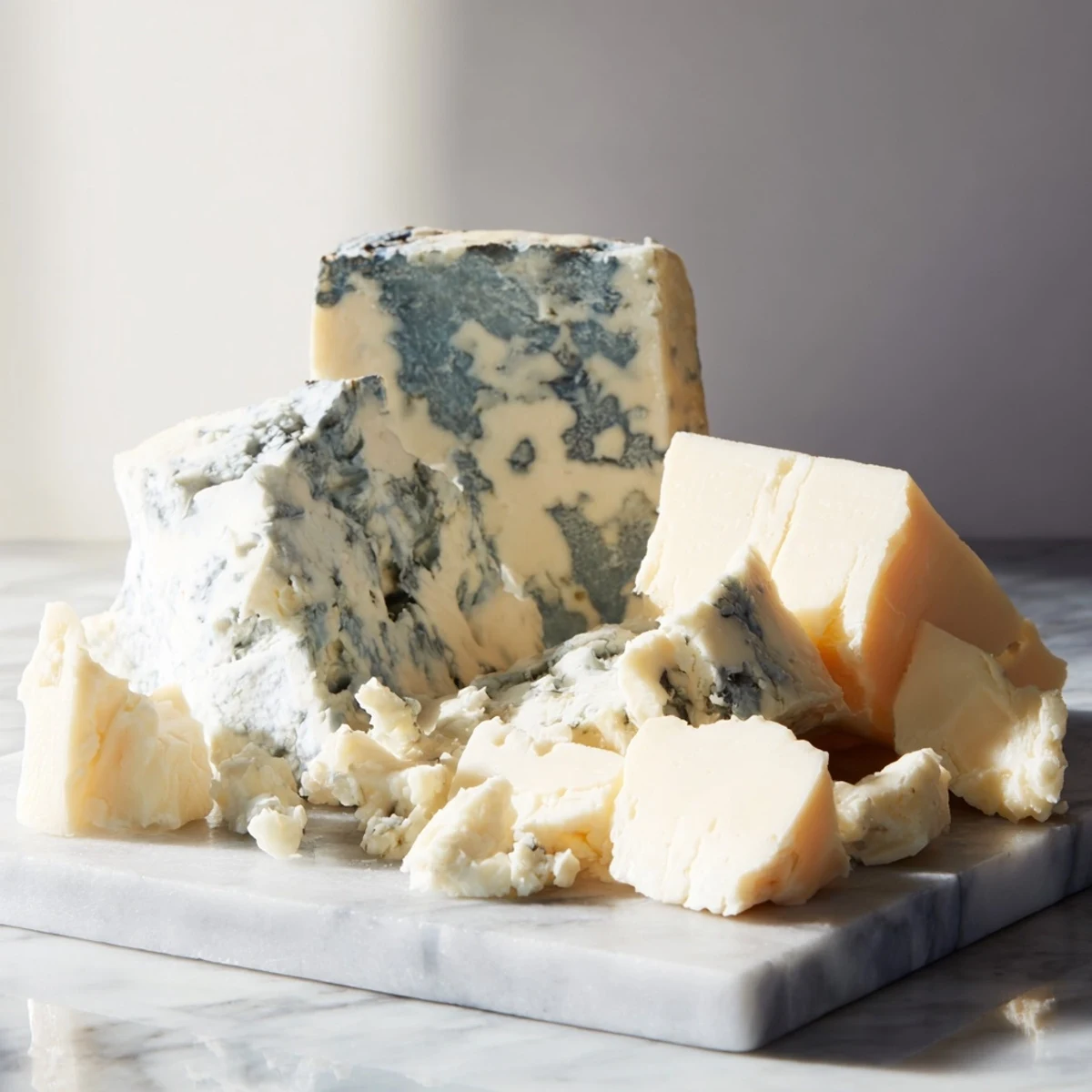 Vibrant The Marble Quarry cheese board arrangement: Chunks of vibrant blue and white cheddar on a marble slab.