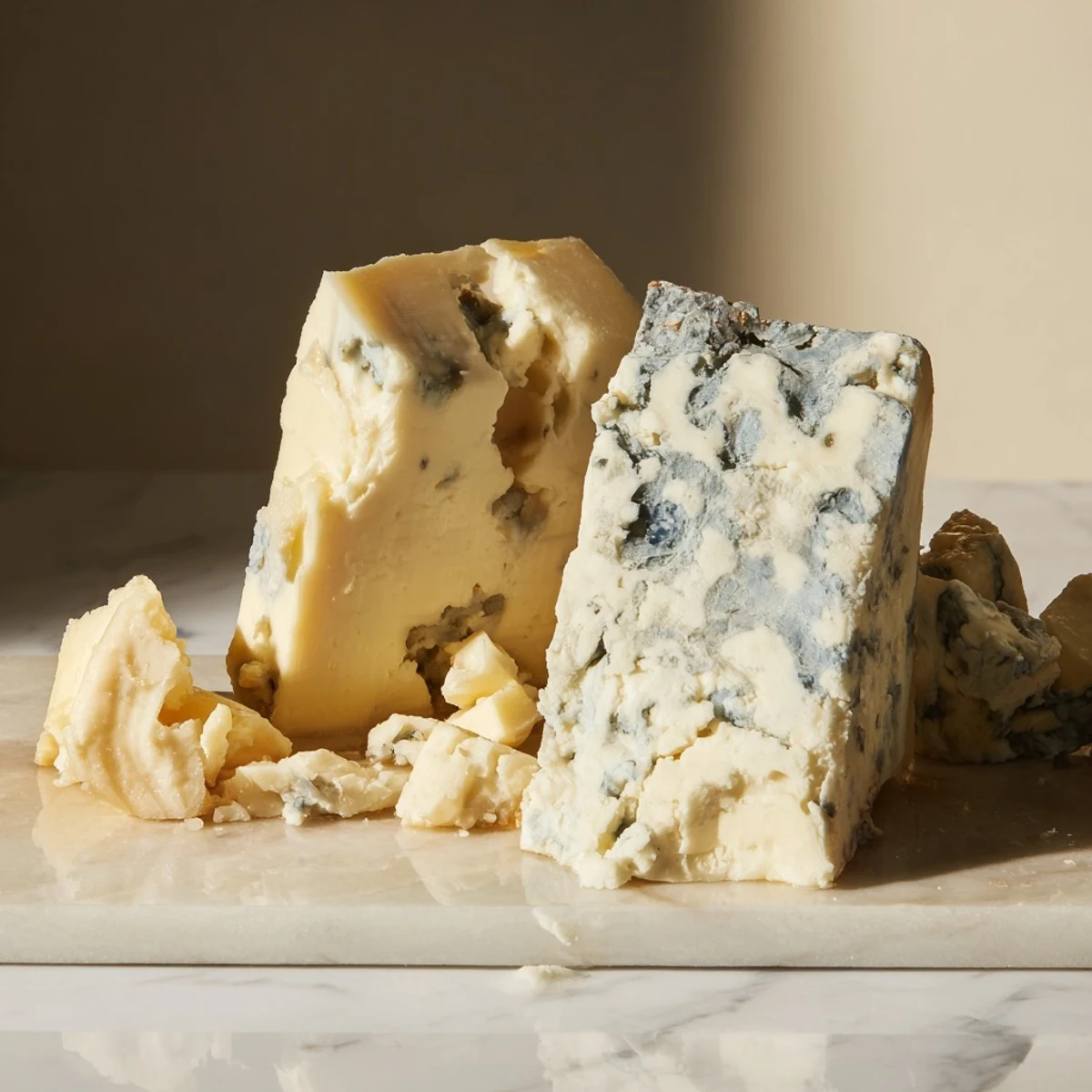 A close-up of The Marble Quarry, showcasing creamy blue cheese and sharp cheddar served beautifully.