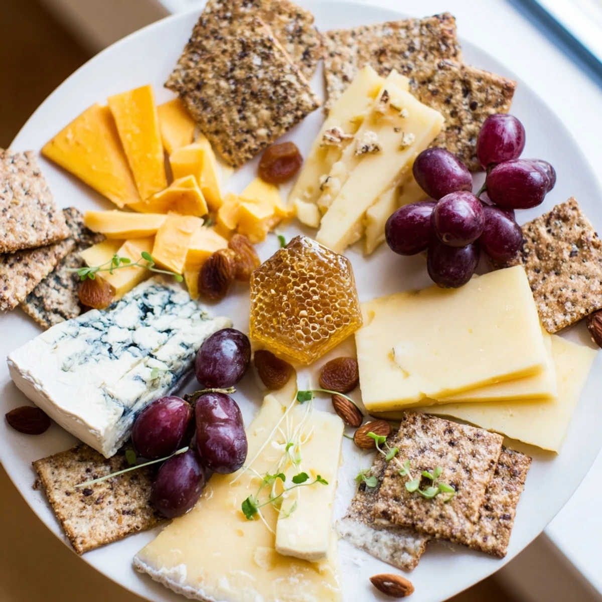 Visually stunning The Gilded Hive cheese board with a honey-comb centerpiece and hexagon cheeses.