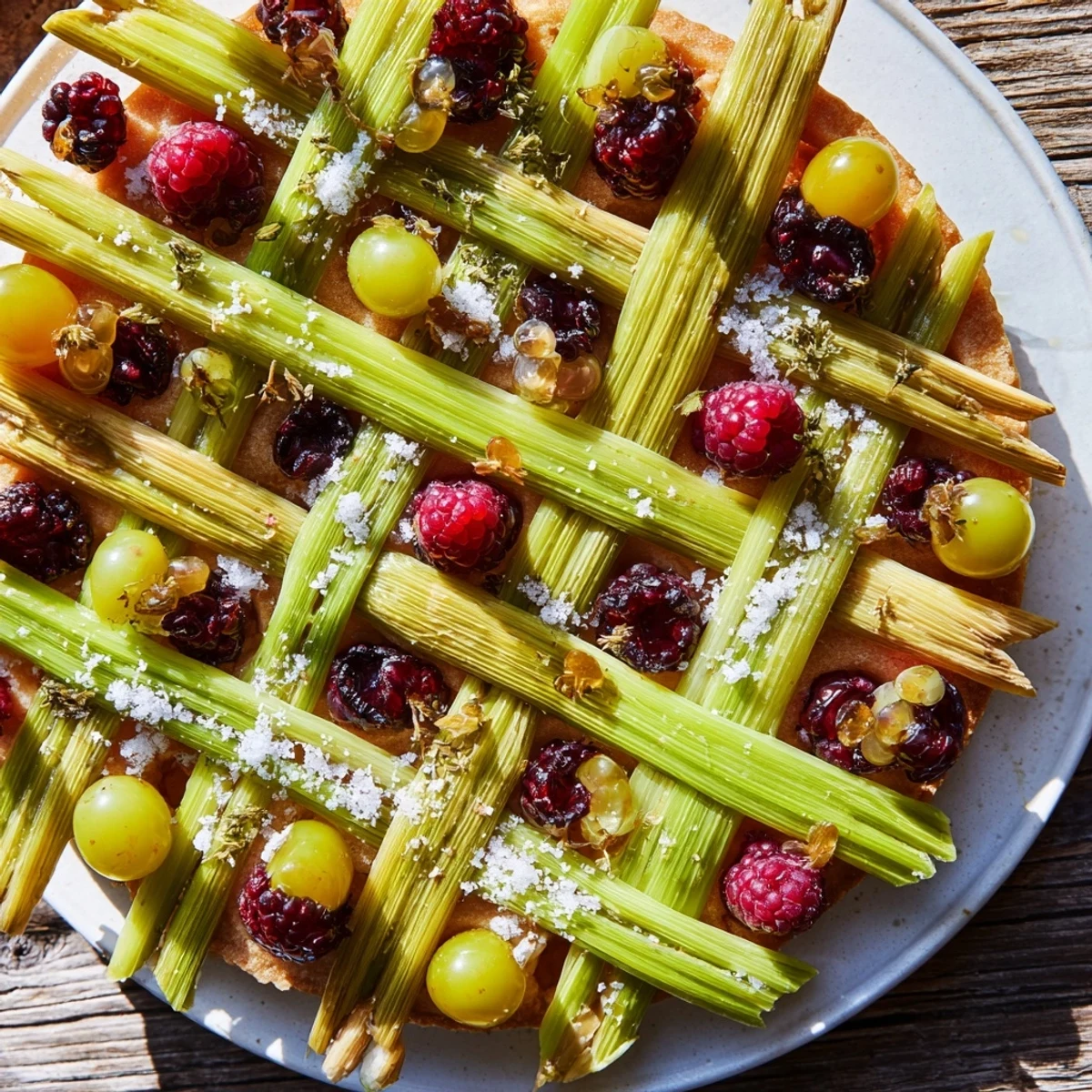 Vibrant The Botanical Lattice appetizer with a woven asparagus lattice and jewel-toned berries, ready to serve.
