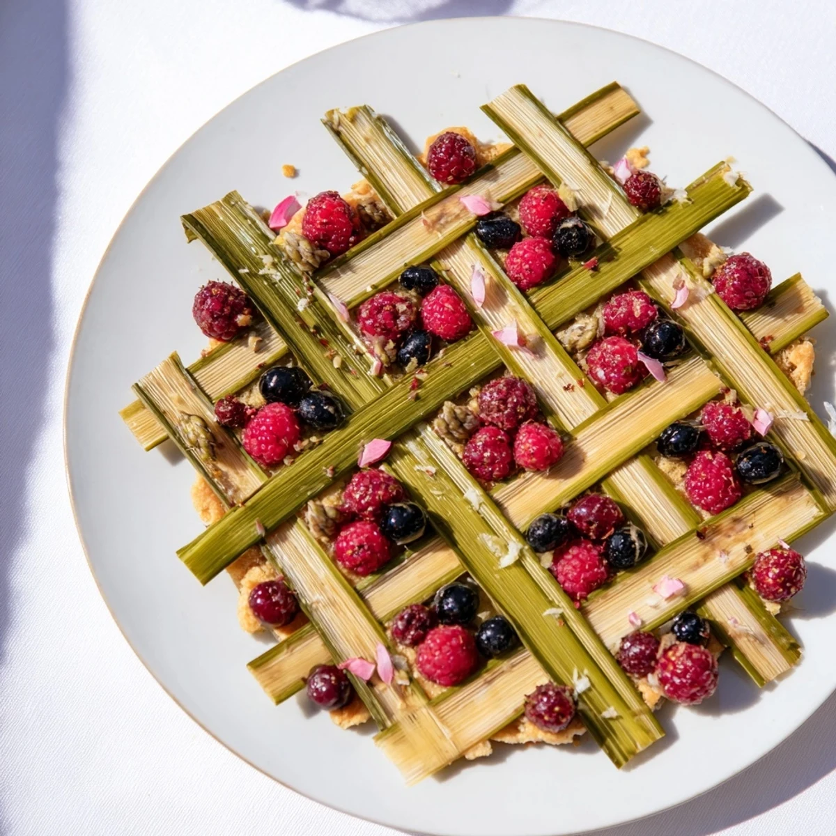 A colorful The Botanical Lattice appetizer: fresh berries nestled within an intricate asparagus and chive lattice design.