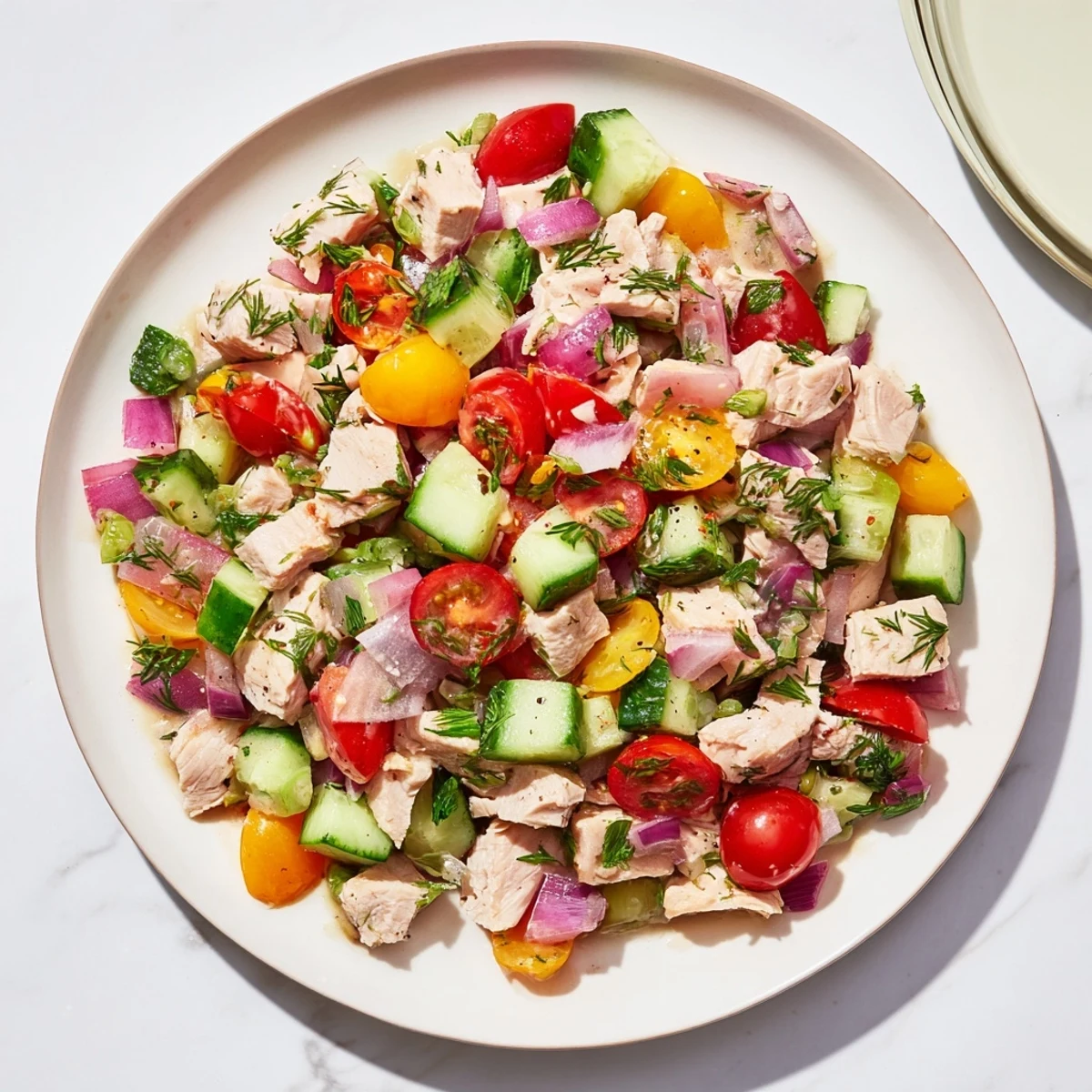 Close-up of fresh Cucumber and Chicken Clean Shaker salad, brimming with colorful, diced vegetables.