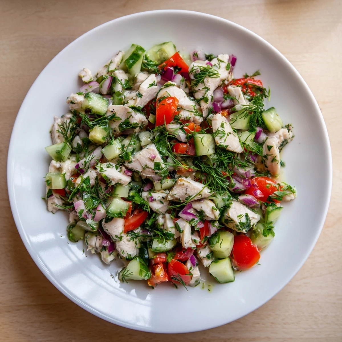 A bright bowl of refreshing Cucumber and Chicken Clean Shaker salad, perfect for a light, delicious meal.