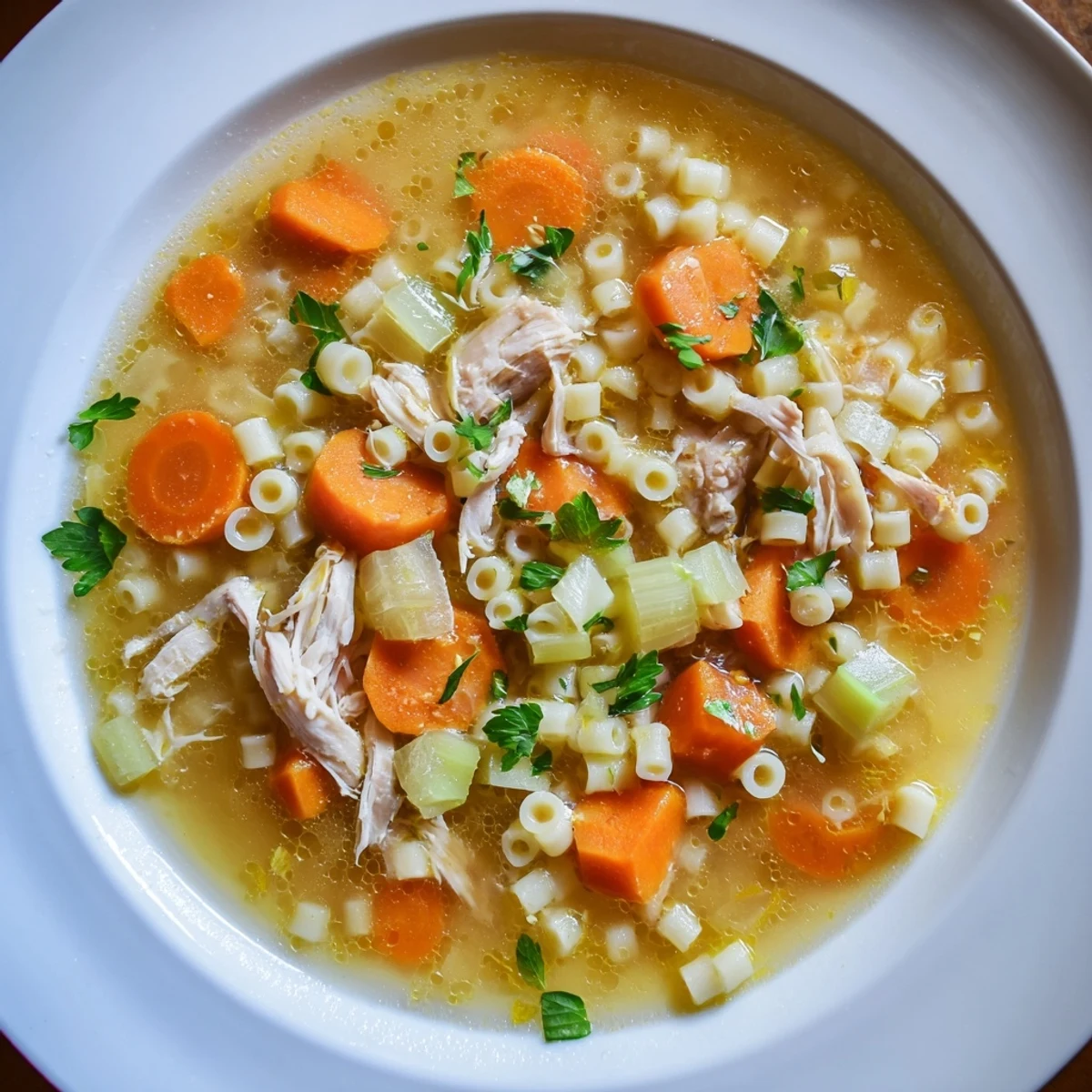 A warm bowl of Chicken and Ditalini Flu Fighter Soup, steaming and ready to enjoy.