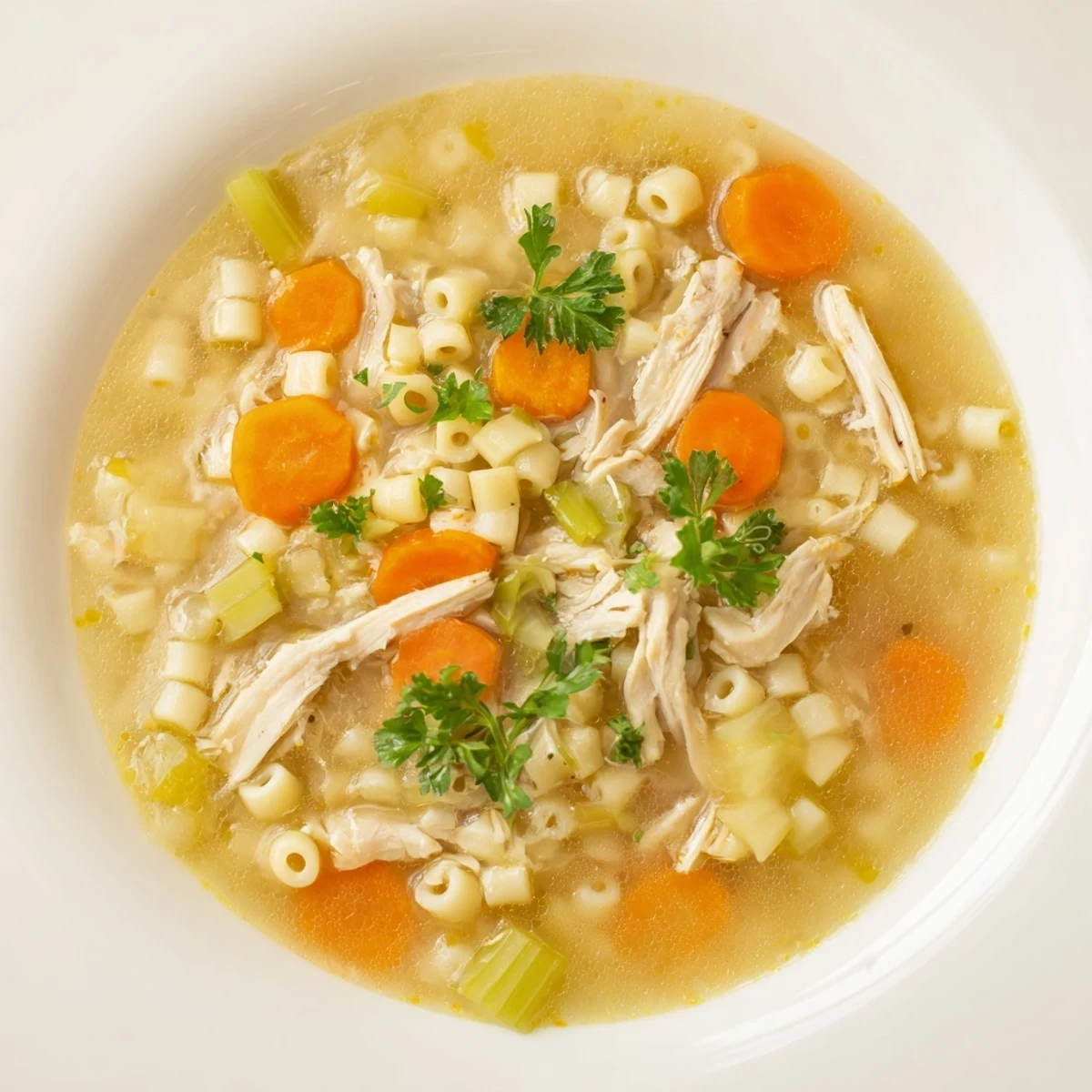 Homemade Chicken and Ditalini Flu Fighter Soup, a comforting bowl filled with flavorful broth and pasta.