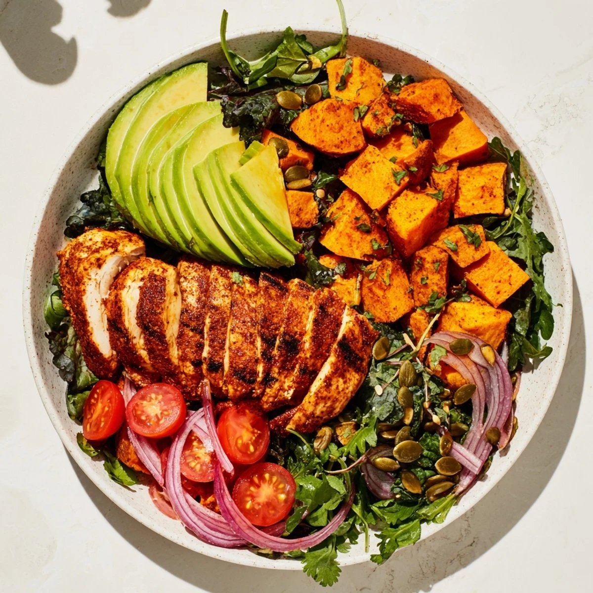 Golden-brown Avocado and Sweet Potato Chicken Bowl, brimming with tender chicken and creamy avocado.