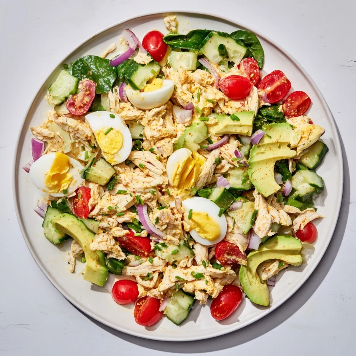 A colorful bowl of High-Protein Chicken and Egg Salad with fresh tomatoes and chives.