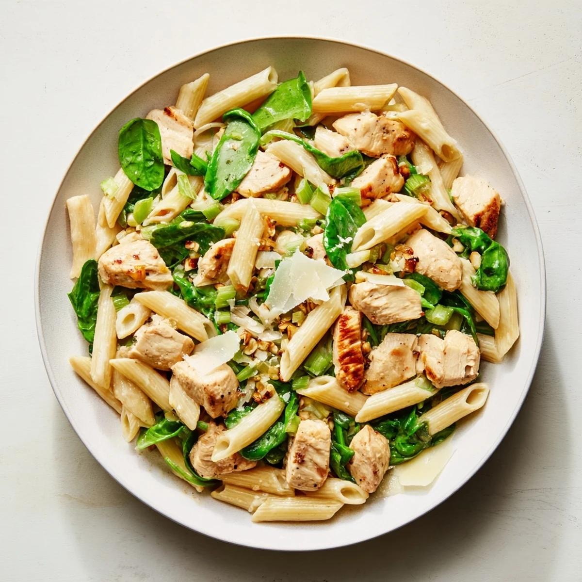 Golden-brown chicken and spinach pasta, a one-pot meal, steaming in a bowl, ready to eat.