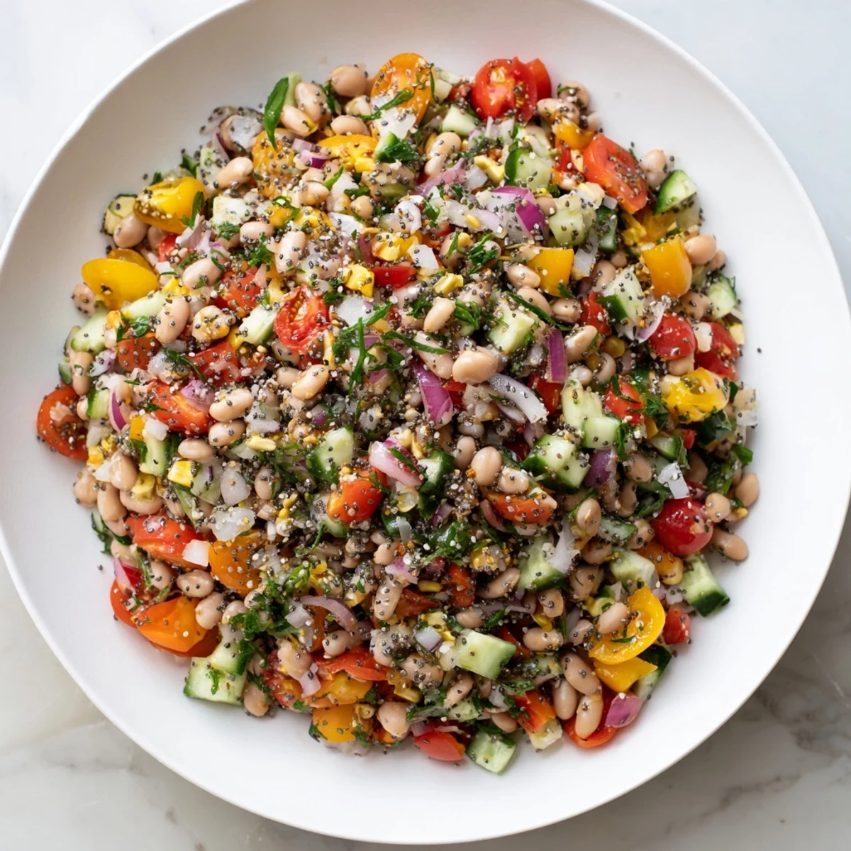 Vibrant Dense Bean Salad, a colorful mix of beans and seeds ready to be served.