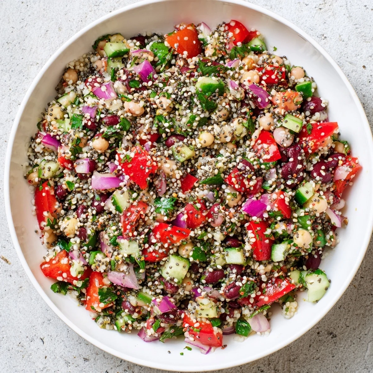 Bright, flavorful Dense Bean Salad with a creamy lemon dressing; perfect for lunch!