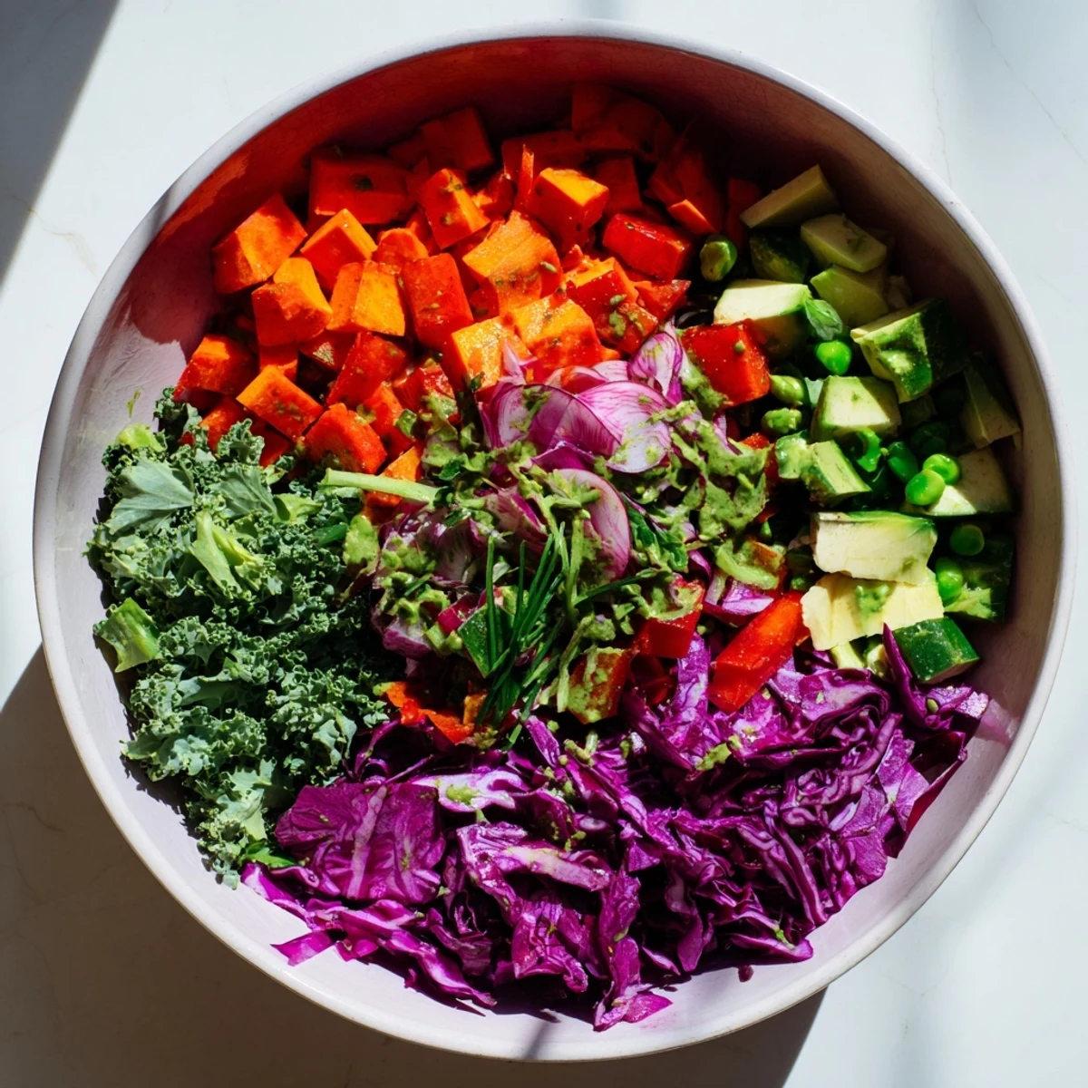 Vibrant Green Goddess Detox Cabbage Salad with crisp veggies and a tangy lemon dressing, ready to enjoy.