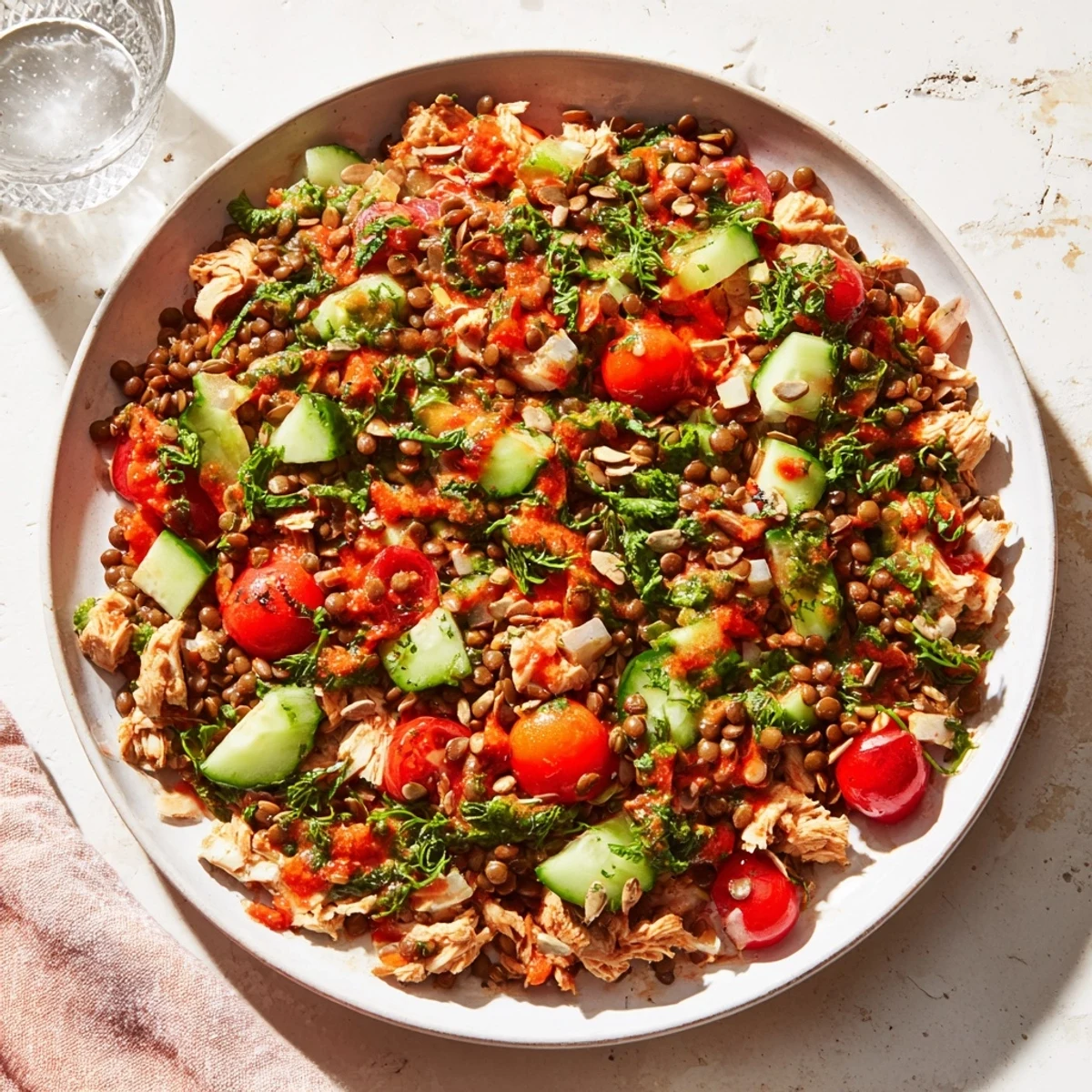 A close-up view of a refreshing Chicken and Lentil Recession Salad, perfect for a healthy and satisfying lunch.