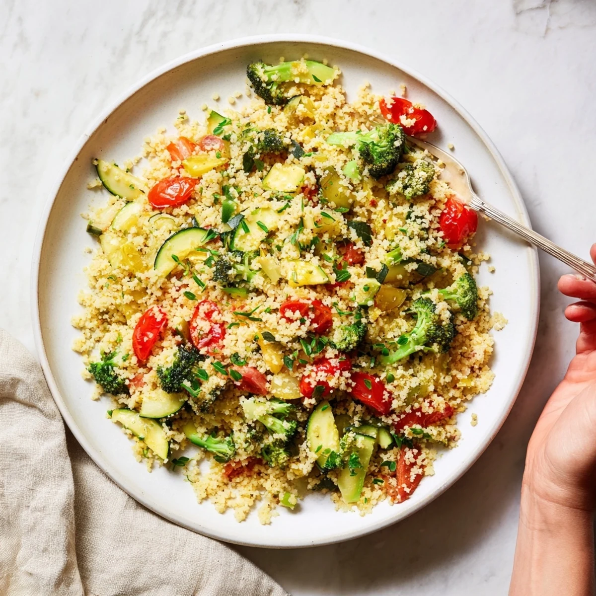 Ditalini with Air-Fried Vegetables: a colorful bowl of pasta with golden brown veggies and fresh basil.