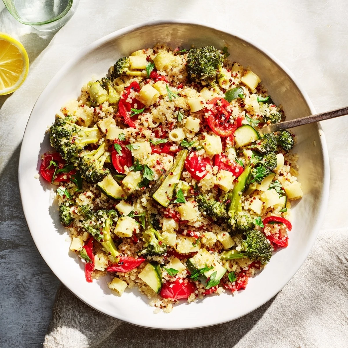 Enjoy this healthy Ditalini with Air-Fried Vegetables, tossed with Parmesan and herbs for a flavorful meal.