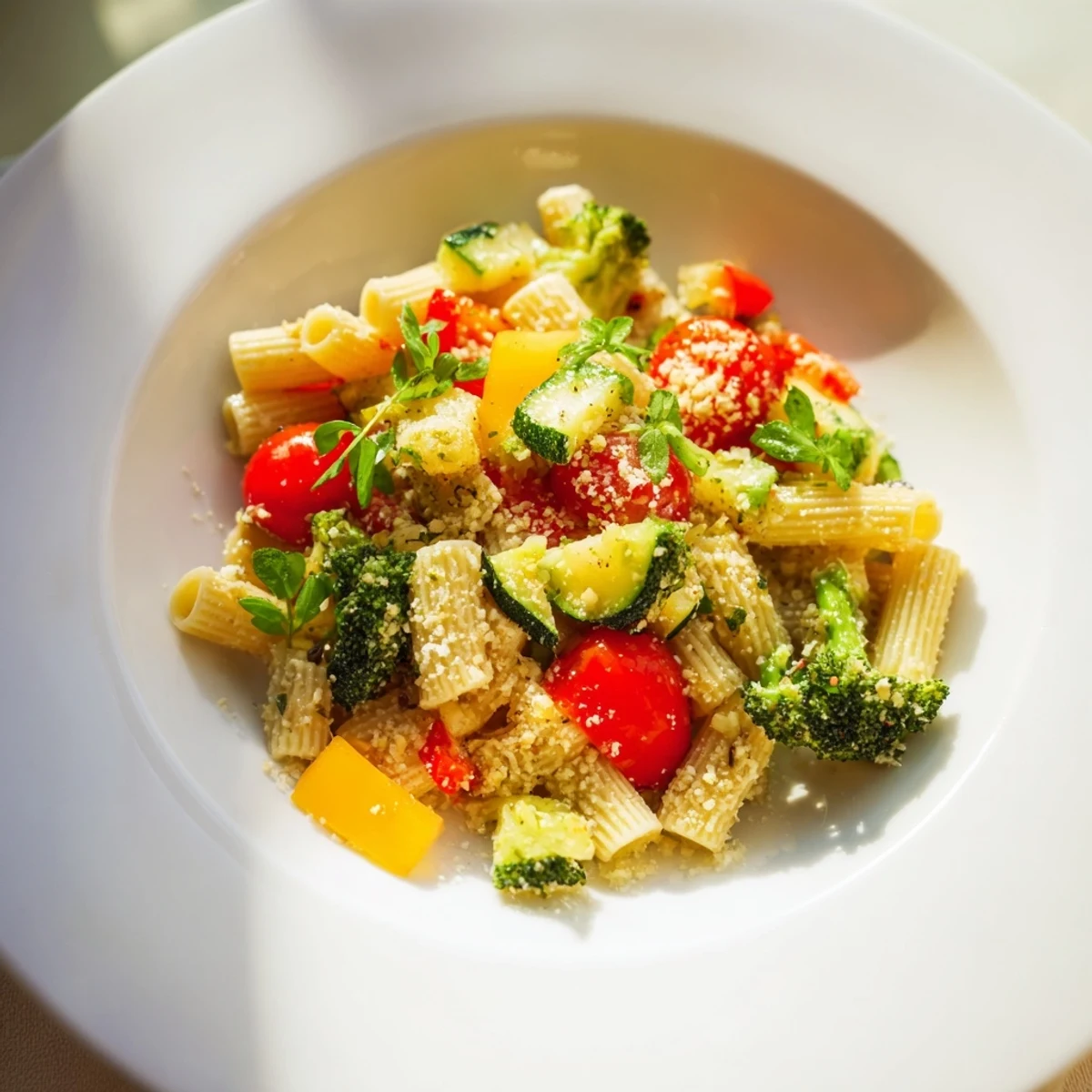 Close-up of Ditalini with Air-Fried Vegetables: pasta and mixed veggies, ready for a delicious vegetarian dinner.