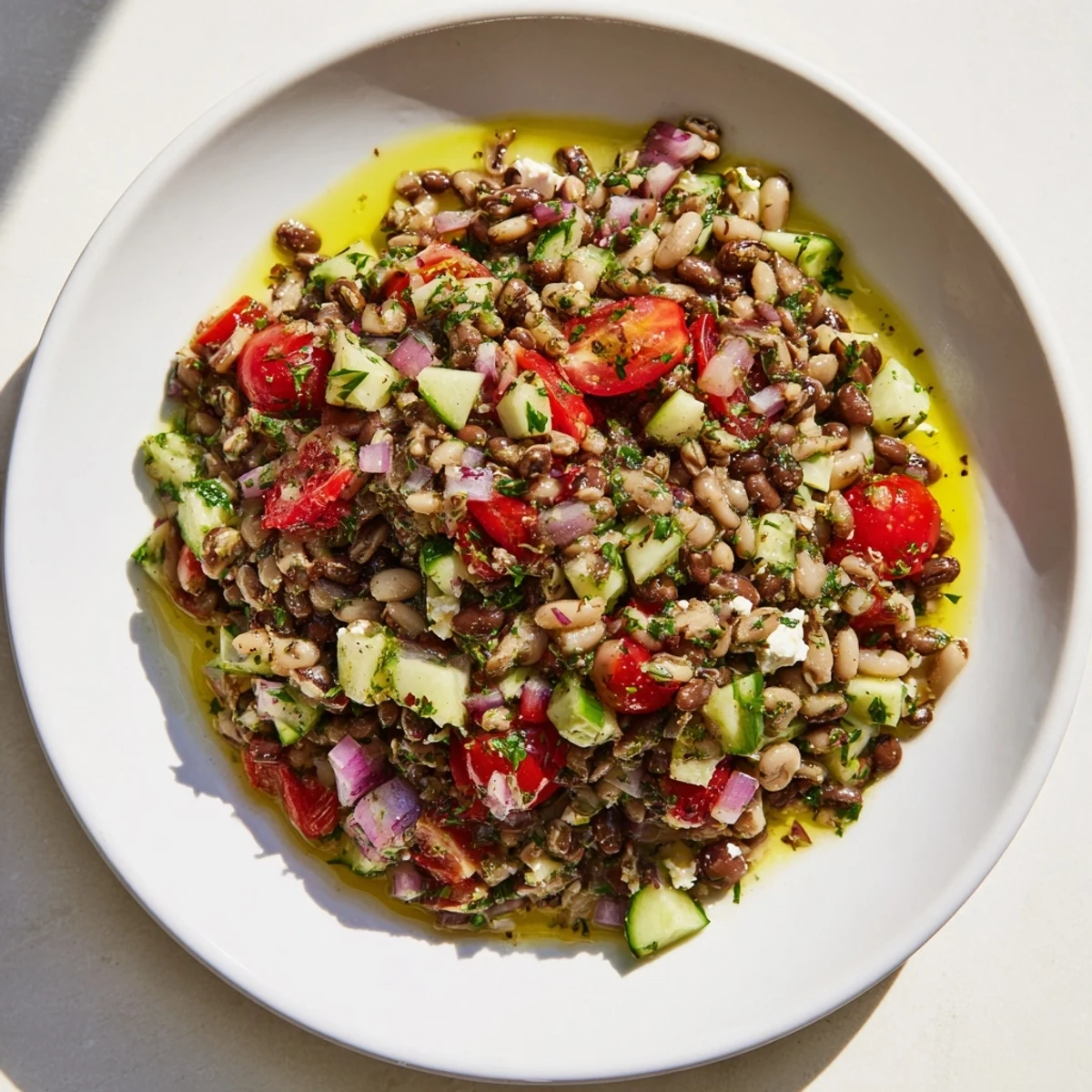 Vibrant Dense Bean Salad, glistening with a tart cherry vinaigrette, perfect for a light, healthy meal.