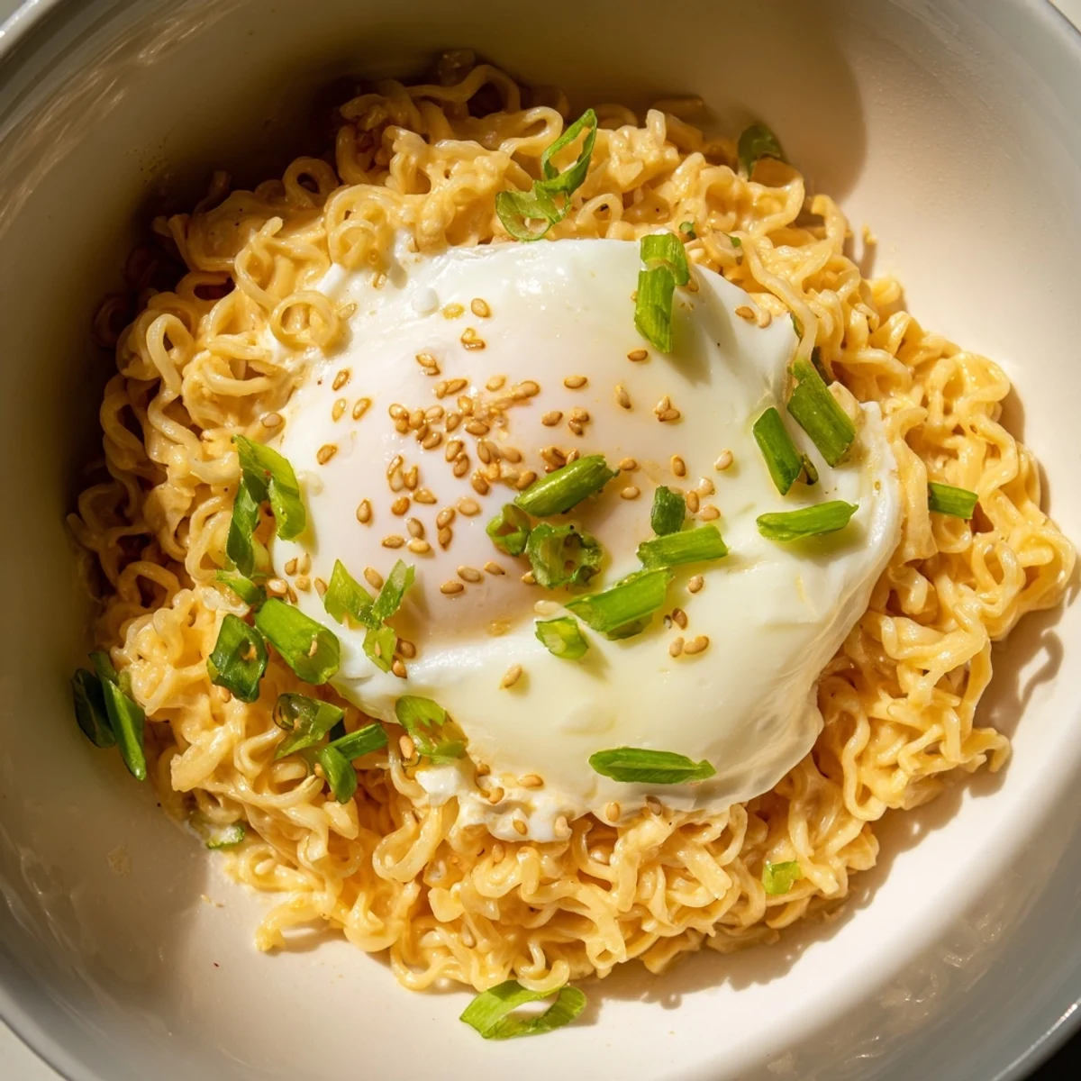 Warm, cheesy Instant Cheese Ramen with a runny yolk, ready to be enjoyed as a meal.