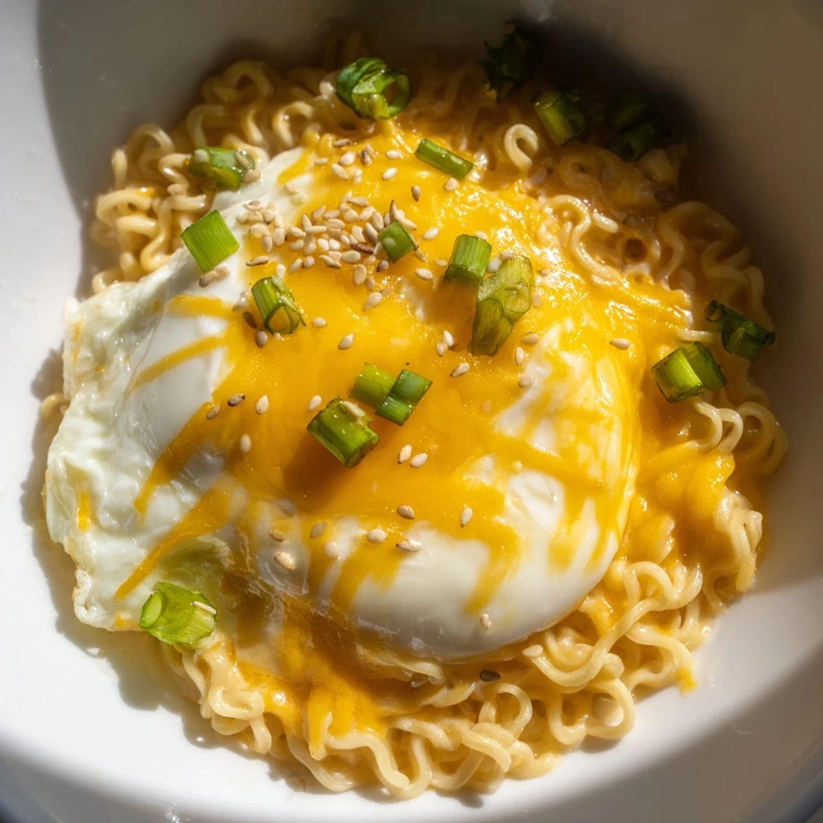 Creamy and flavorful, this Instant Cheese Ramen is garnished with sesame seeds and cooked perfectly.